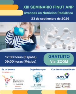Cartel del XIII Seminario FINUT ANP “Avances en Nutrición Pediátrica”, que se celebrará el 23 de septiembre de 2026 a las 17:00 horas de España y 09:00 horas de México, de forma gratuita y vía Zoom.