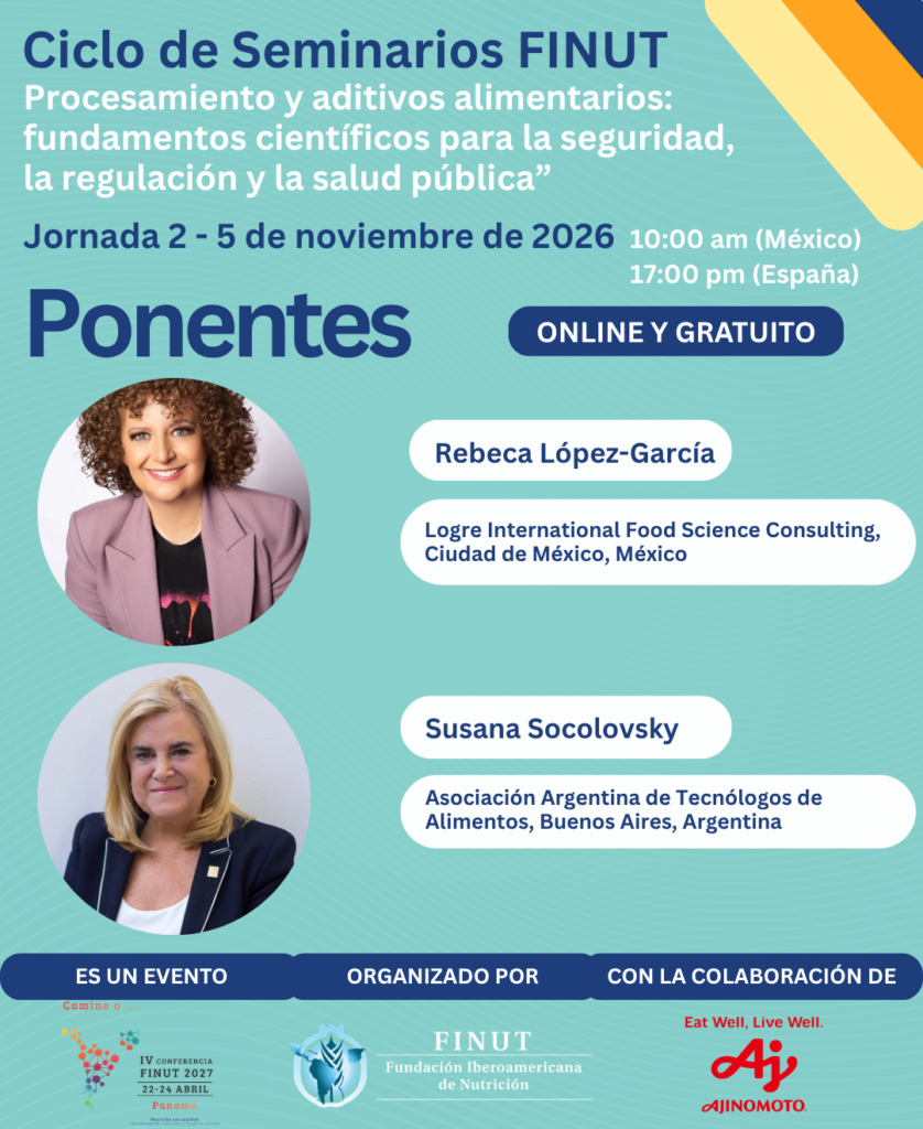 Cartel del Ciclo de Seminarios FINUT sobre procesamiento y aditivos alimentarios, Jornada 1, con los ponentes Rafael Urrialde y Yvonne Colomer.