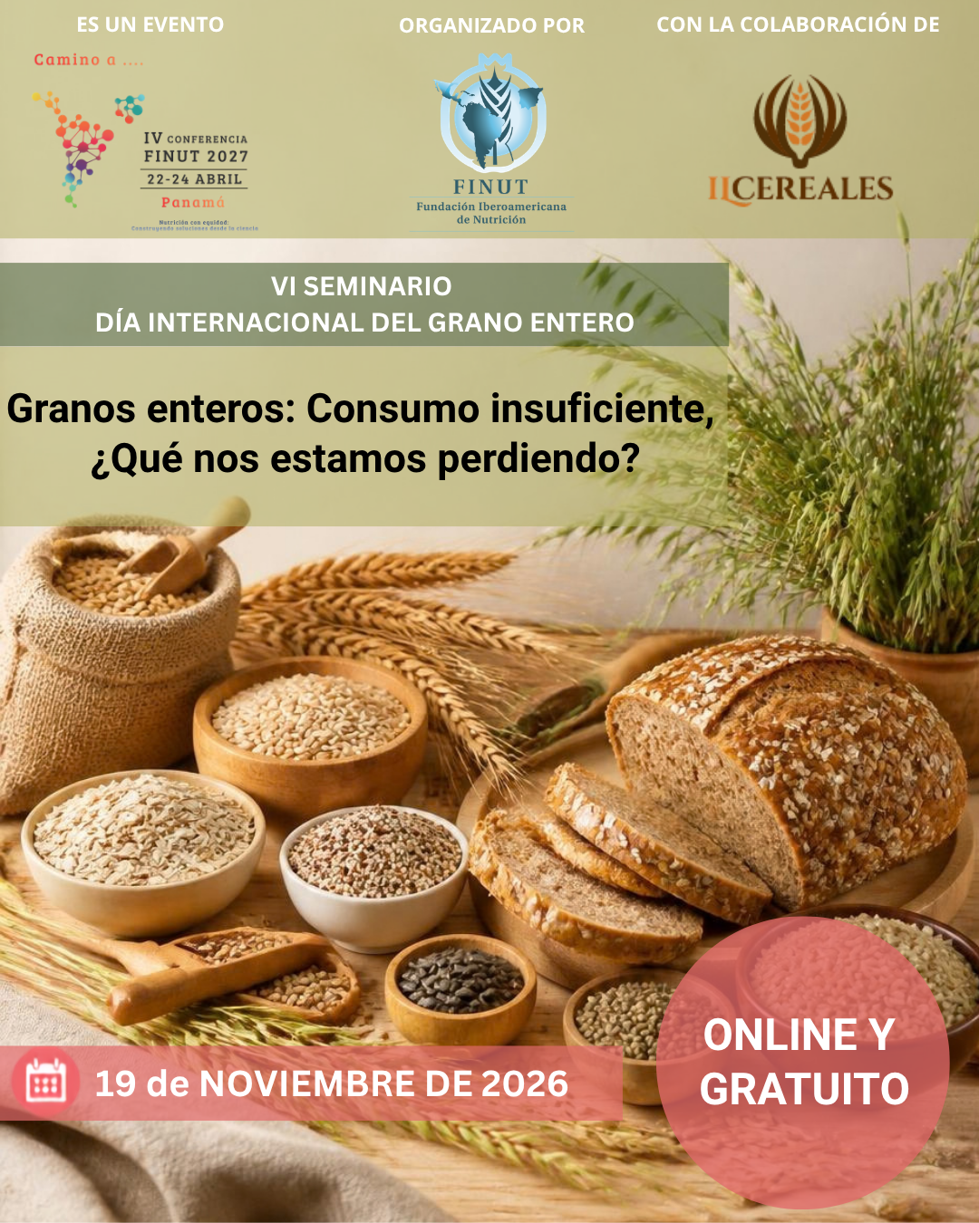 Cartel del VI Seminario del Día Internacional del Grano Entero, organizado por la Fundación Iberoamericana de Nutrición, sobre el consumo insuficiente de granos enteros. Evento online y gratuito el 19 de noviembre de 2026.