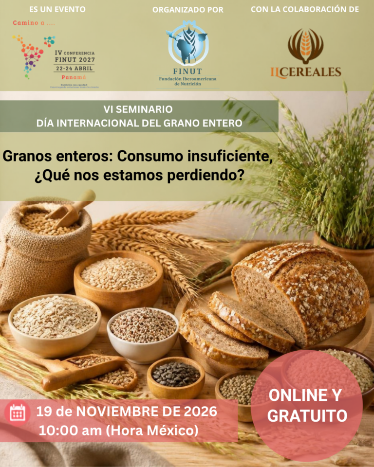 Cartel del VI Seminario del Día Internacional del Grano Entero, organizado por la Fundación Iberoamericana de Nutrición, sobre el consumo insuficiente de granos enteros. Evento online y gratuito el 19 de noviembre de 2026.