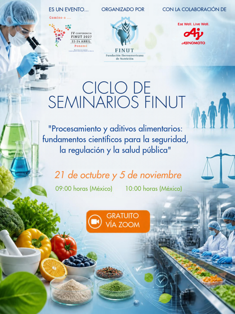 Cartel del Ciclo de Seminarios FINUT sobre procesamiento y aditivos alimentarios, con información de las jornadas, horarios y modalidad vía Zoom.