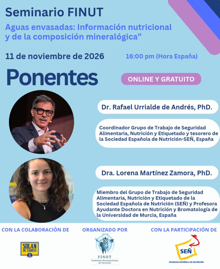Ponentes del Seminario FINUT «Aguas envasadas: información nutricional y de la composición mineralógica», Rafael Urrialde de Andrés y Lorena Martínez Zamora, que se celebrará online y gratuitamente el 11 de noviembre de 2026.
