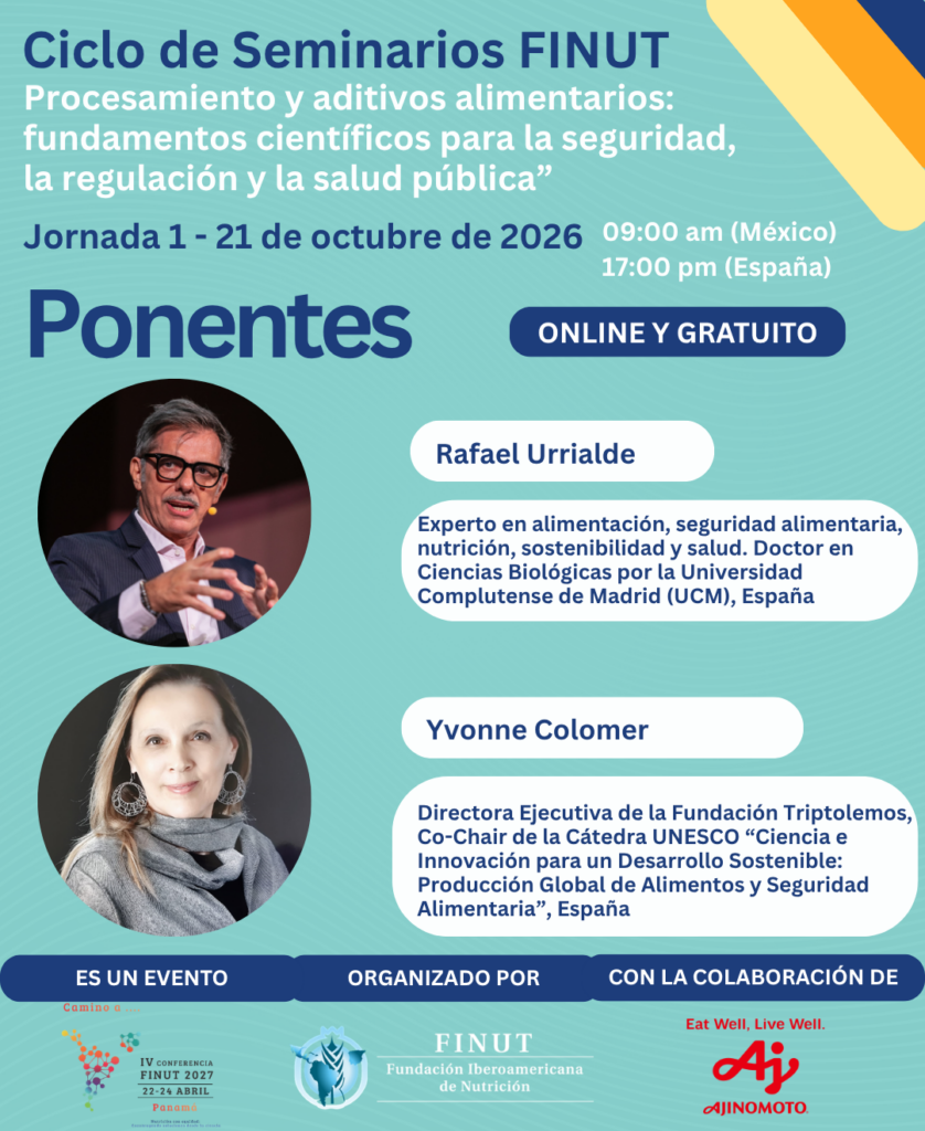 Cartel del Ciclo de Seminarios FINUT sobre procesamiento y aditivos alimentarios, Jornada 1, con los ponentes Rafael Urrialde y Yvonne Colomer.