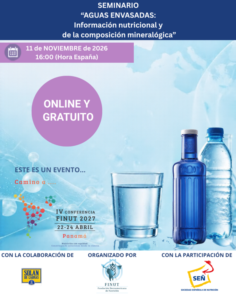 Cartel del webinar de FINUT «Aguas envasadas: información nutricional y de la composición mineralógica», online y gratuito, el 11 de noviembre de 2026 a las 16:00 h (hora de España).
