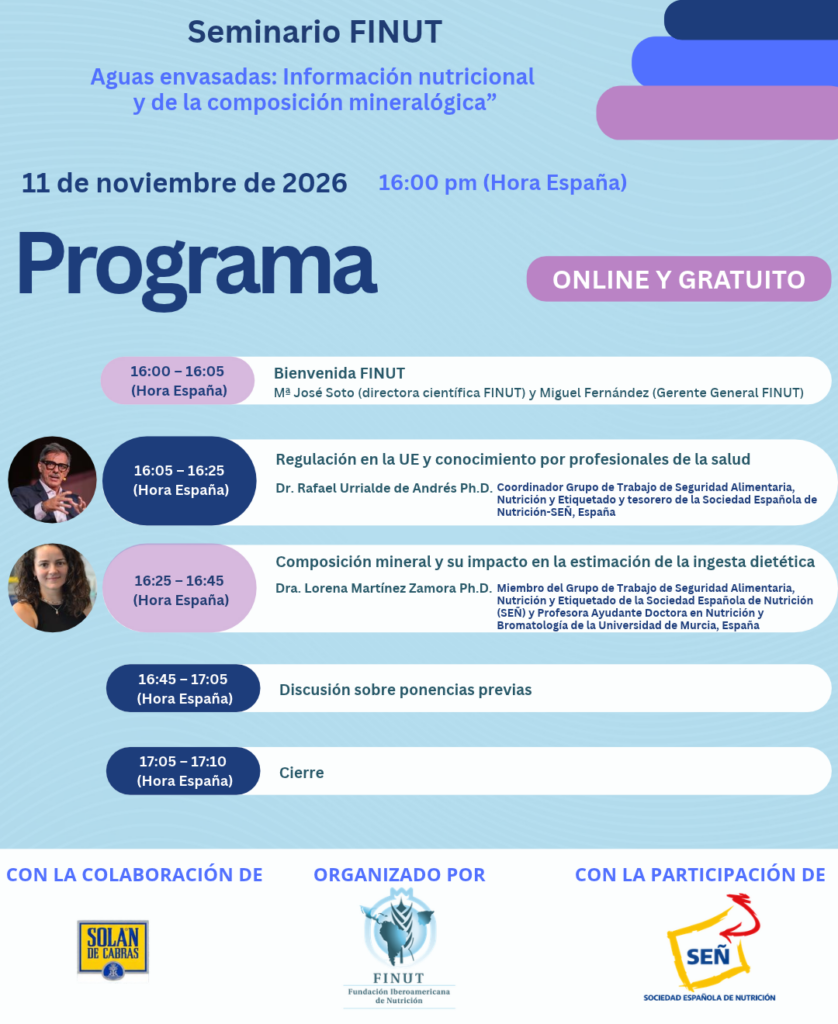 Programa del Seminario FINUT «Aguas envasadas: Información nutricional y de la composición mineralógica», con horarios y ponencias de Rafael Urrialde y Lorena Martínez Zamora. 11 de noviembre de 2026, online y gratuito.